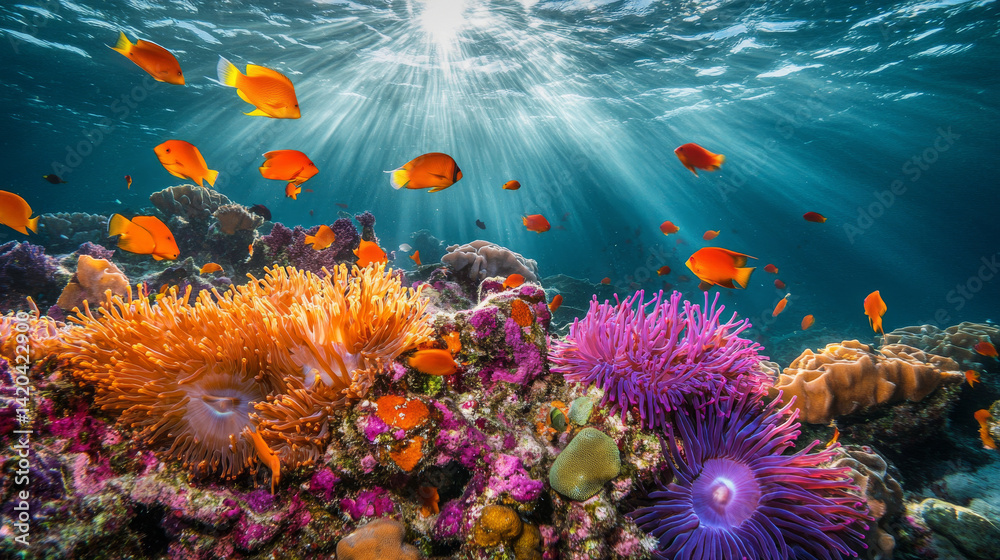 Fototapeta premium An underwater desktop wallpaper featuring a vibrant marine scene