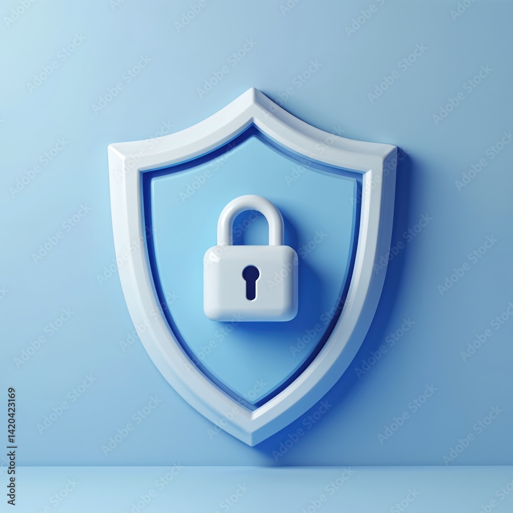 3D shield icon lock in minimalistic style. Privacy security protection concept. Padlock with keyhole represents data safety, cyber protection, safe access, online safety. Blue, white colors. Secure