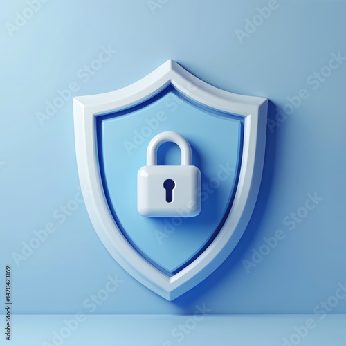 Obraz na płótnie 3D shield icon lock in minimalistic style. Privacy security protection concept. Padlock with keyhole represents data safety, cyber protection, safe access, online safety. Blue, white colors. Secure w salonie