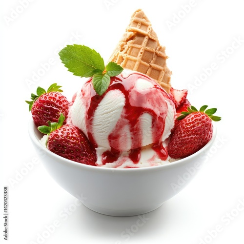 A bowl of ice cream with strawberries syrup and a waffle on white background