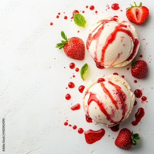 Two scoops of ice cream with strawberry sauce and fresh strawberries view