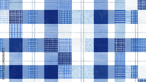 Blue and white patterned fabric featuring assorted checkered designs