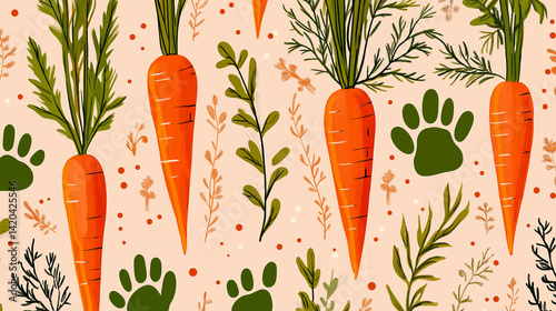 Colorful carrot pattern with floral elements and paw prints on cream background