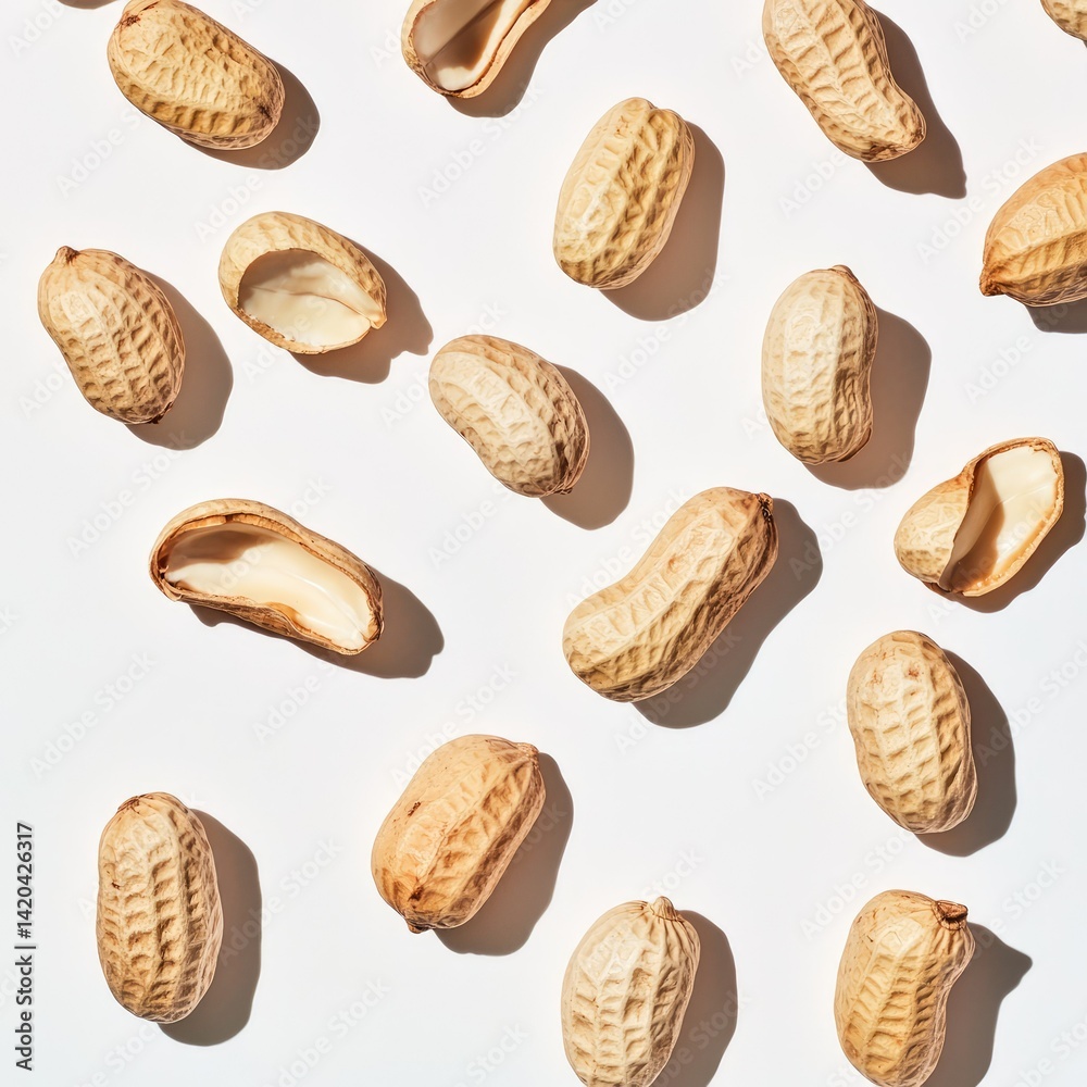Scattered peanuts with and without shells on a plain white background Scattered peanuts with and without shells on a plain white background