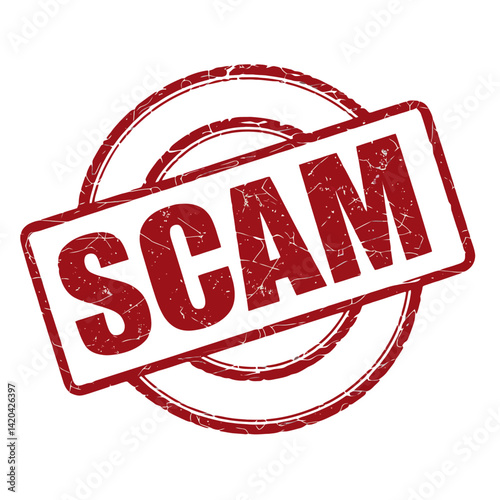 A bold red stamp displays the word SCAM in capital letters, symbolizing a warning or alert about fraudulent activity.