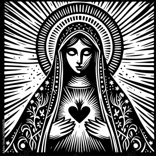 virgin mary figure, sketch engraving, vector illustration. Scratch board. Black and white image.