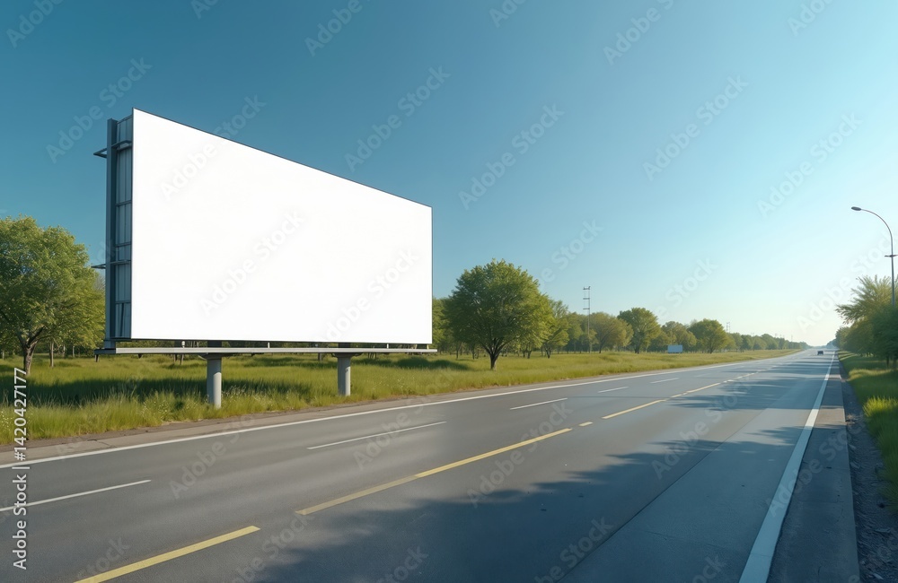 Blank billboard mockup, roadside on highway. Empty advertising panel. Clear blue sky, green grass. Roadside advertisement template. Banner display for promo, marketing campaigns. Space for text