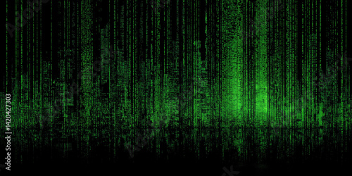 Digital matrix rain with vertical green code lines forming a dark city silhouette
