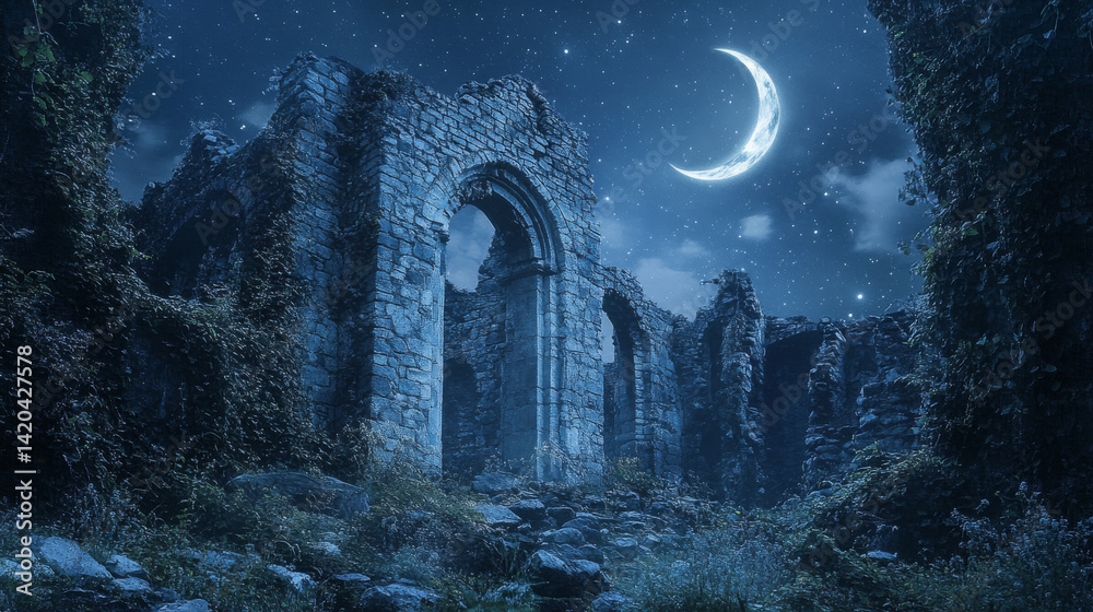 Crumbled stone ruins surrounded by overgrown vegetation Crumbled stone ruins surrounded by overgrown vegetation