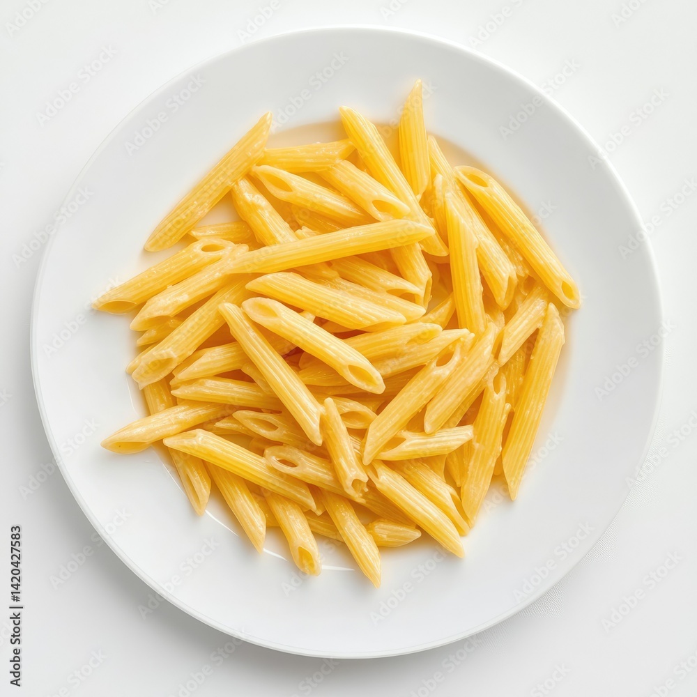 A top down view of penne pasta with cheese sauce on a white plate food A top down view of penne pasta with cheese sauce on a white plate food