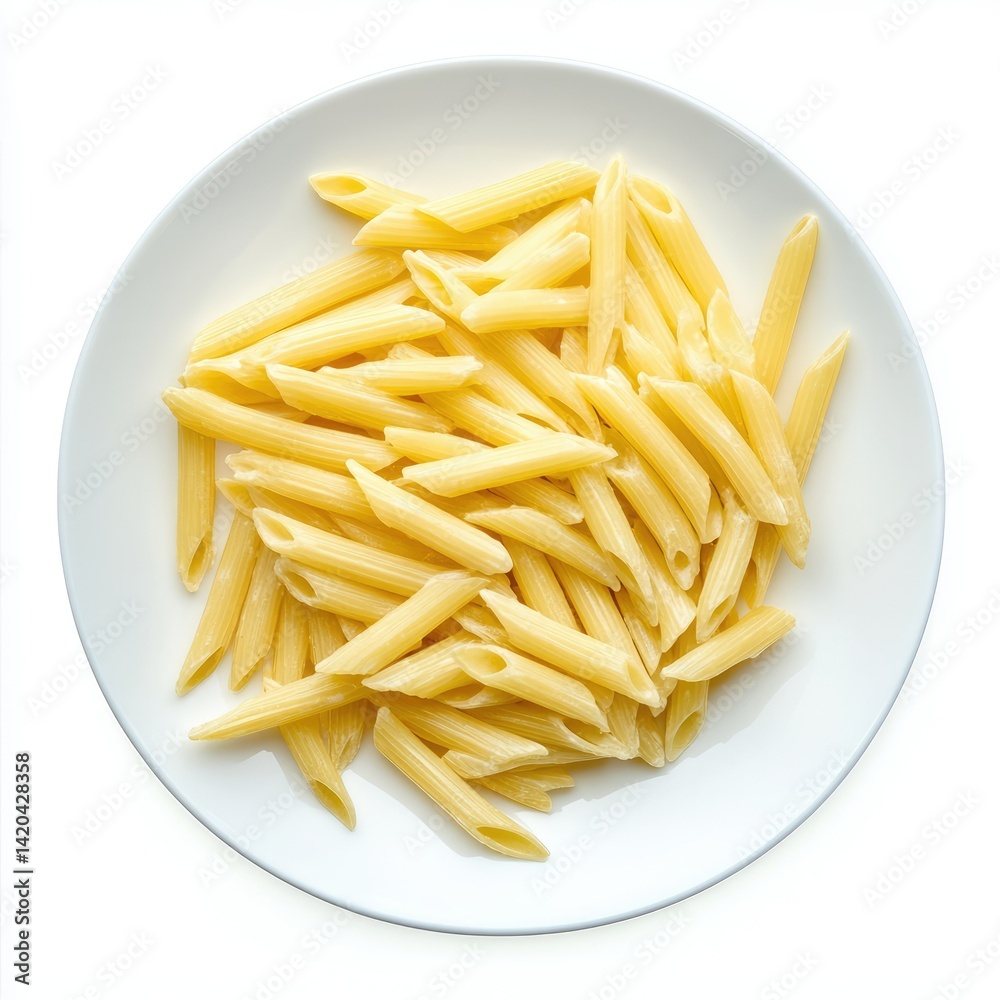 A top down view of a plate filled with plain penne pasta on white plate A top down view of a plate filled with plain penne pasta on white plate