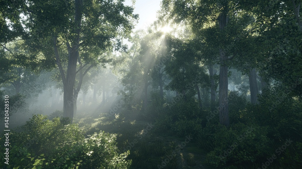 Obraz premium Sunlight streams through a dense, misty forest.