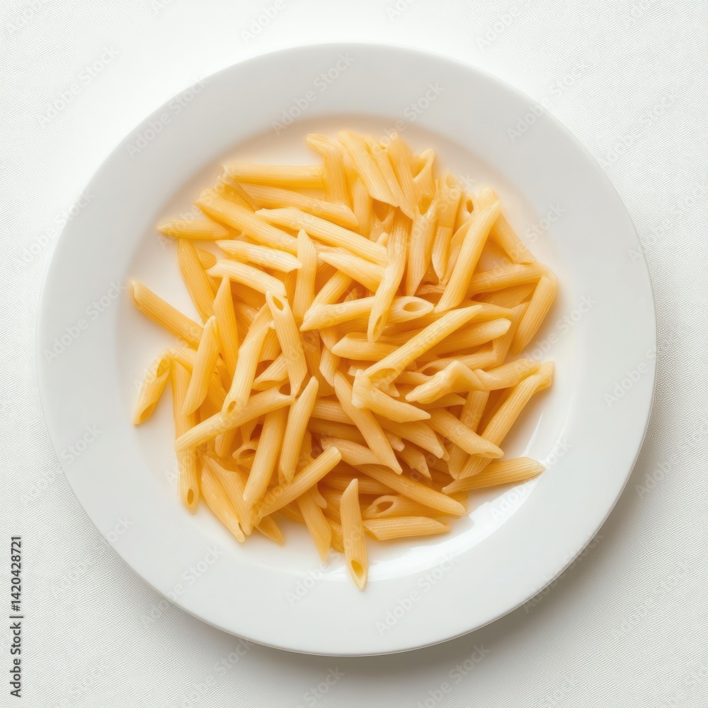 A top down view of penne pasta on a white plate against a white table A top down view of penne pasta on a white plate against a white table