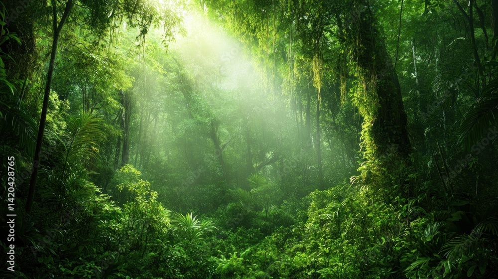 Obraz premium Lush, vibrant rainforest canopy bathed in sunlight.