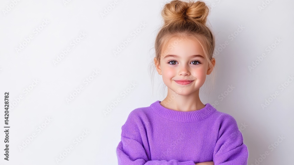 Smiling girl with updo, wearing purple sweater Smiling girl with updo, wearing purple sweater
