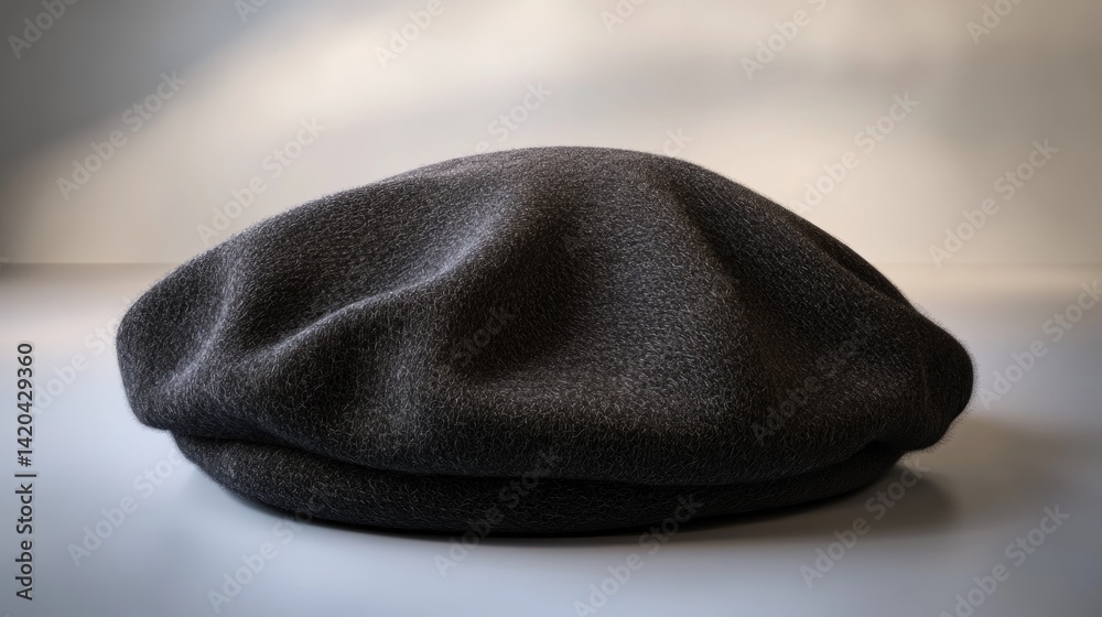 Dark gray flat cap resting on a light gray surface.