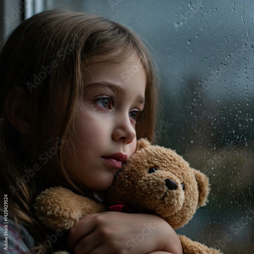 girl holding a teddy bear with a pensive and sad look by the window with raindrops