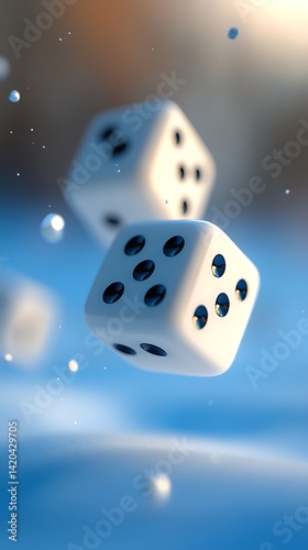 Three white dice with black dots rolled on blue background