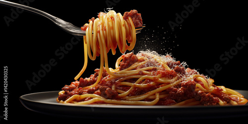 Close-up of spaghetti bolognese on fork with rich meat sauce on black background
