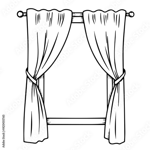 Curtains framing a window in a simple line drawing style  