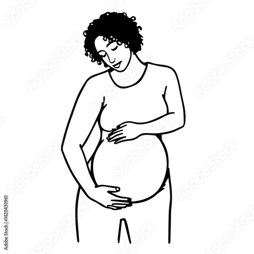 Pregnant woman cradling belly, smiling, against a simple backdrop  