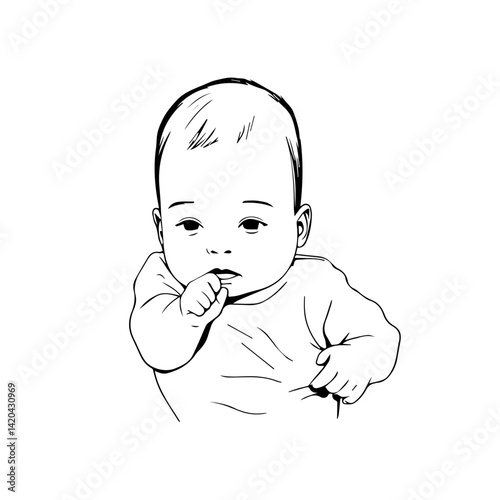 Baby sucking thumb in simplistic black and white illustration  