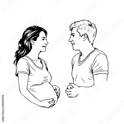 Pregnant woman smiling, talking to partner, minimalist sketch style  