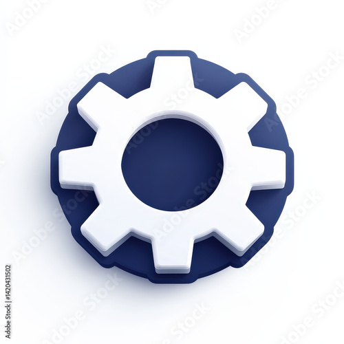3D gear icon design in white and navy blue colors  