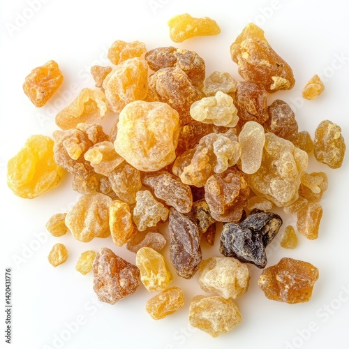 A scattered pile of frankincense resin pieces on a white background