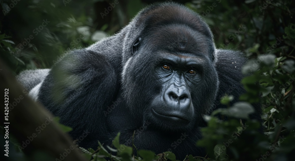 Magnificent silverback gorilla resting peacefully amidst dense foliage Magnificent silverback gorilla resting peacefully amidst dense foliage