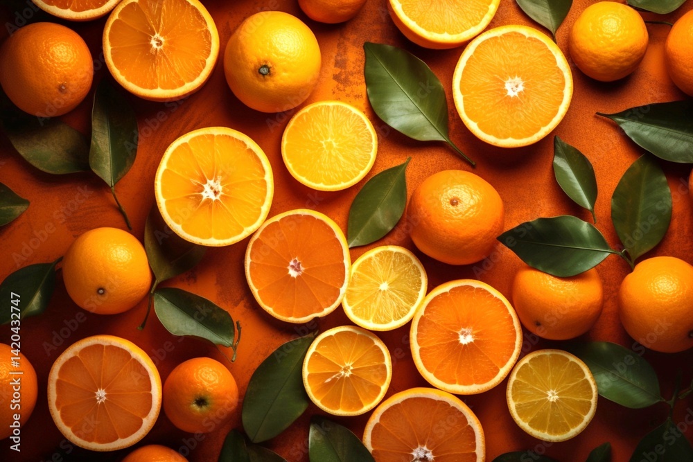 fresh orange fruits with leaves as background, top view.Generative AI fresh orange fruits with leaves as background, top view.Generative AI