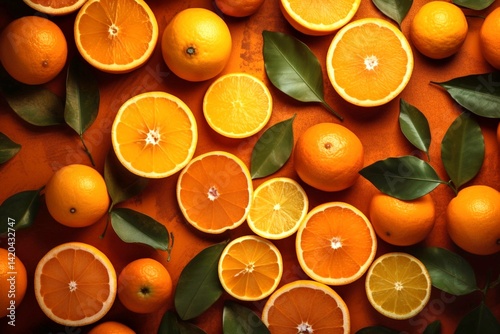 fresh orange fruits with leaves as background, top view.Generative AI