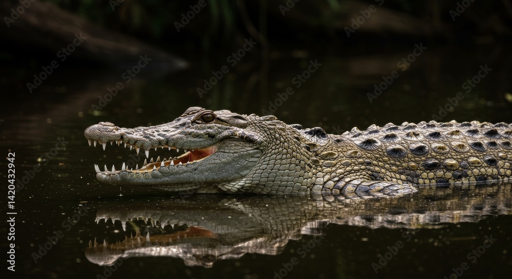 Fototapeta premium Dangerous wildlife powerful crocodile lurking in murky still water environment