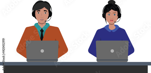 Women and men in headphones with laptop. Customer support operator team vector illustration isolated
