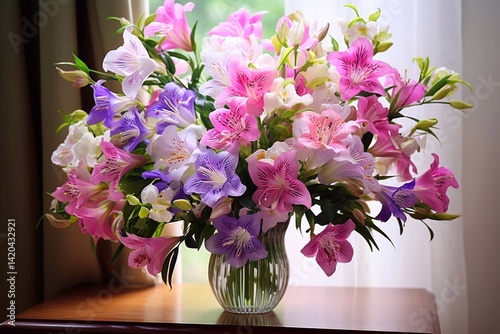 Bouquet of pink and purple alstroemeria flowers in vase. Generative AI