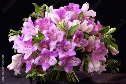 Bouquet of pink alstroemeria flowers on black background. Generative AI