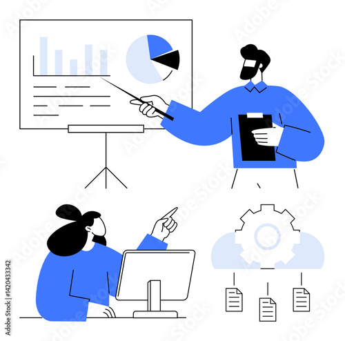 Team discusses data presentation using graphs and charts, collaborates with insights, accesses and shares files via cloud. Ideal for teamwork, project management, innovation, technology, education
