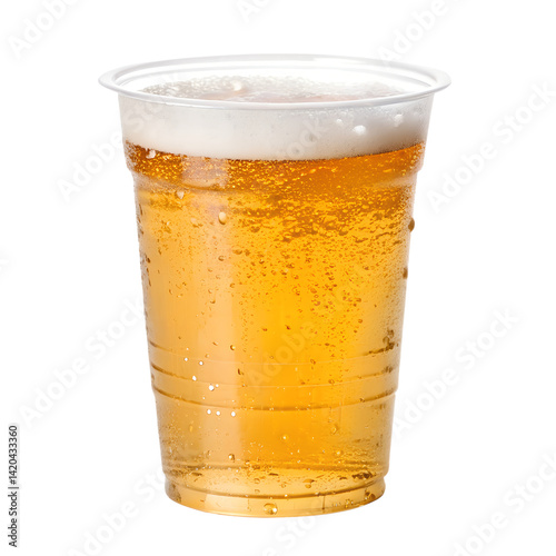 Clear plastic cup filled with Cold beer with beer foam on top, isolated on transparent background