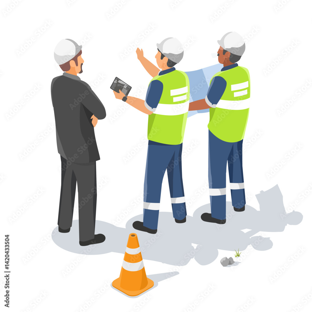 Business investor discussing site development plan with engineers on a construction area with blueprint and digital tablet isometric cartoon