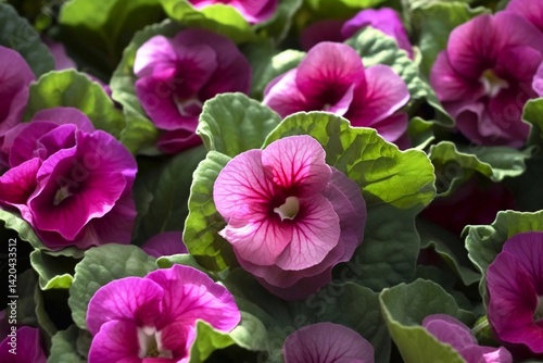 Basket of vibrant pink, purple and violet surfinia flowers or petunia in bloom hanging in summer. Background of group blooming petunia surfinia. generative AI