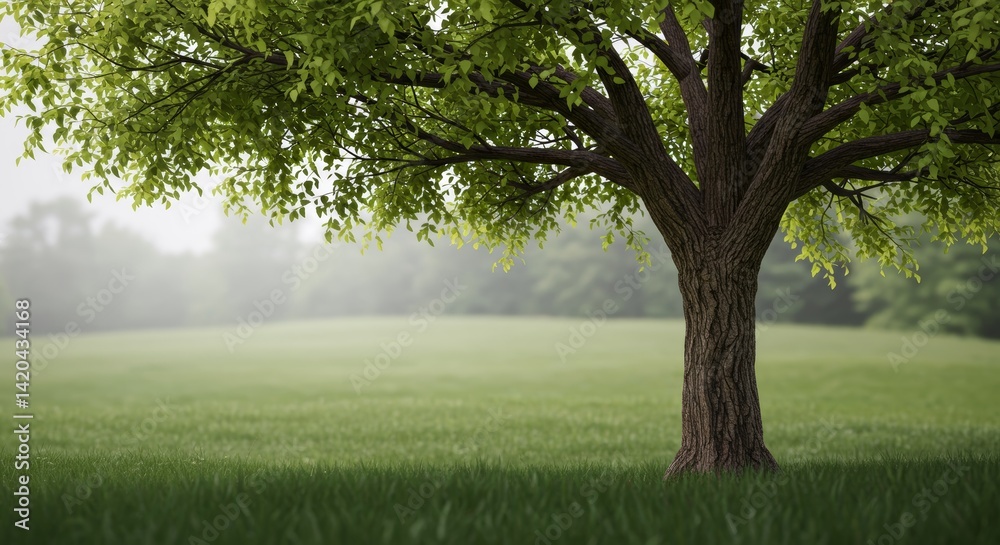 Fototapeta premium Lone majestic tree standing proudly in the middle of grassy field