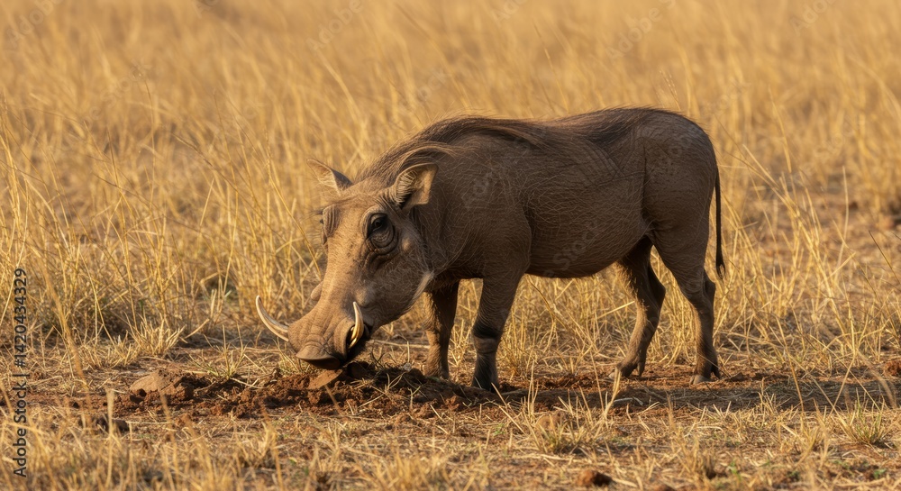 Warthog diligently searches for sustenance in the african plains setting Warthog diligently searches for sustenance in the african plains setting