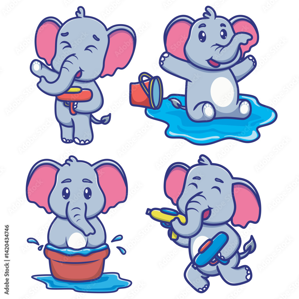 Naklejka premium A set of cute vector illustrations featuring a joyful baby elephant playing with water and water guns, celebrating Thailand’s Songkran water festival with fun and happiness.