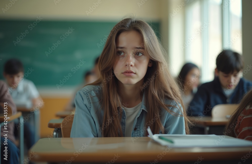 Worried teen girl sits alone in empty high school classroom lost in thought. Teenage student experiences anxiety about learning, relationships. Focus on mental health during school break time.