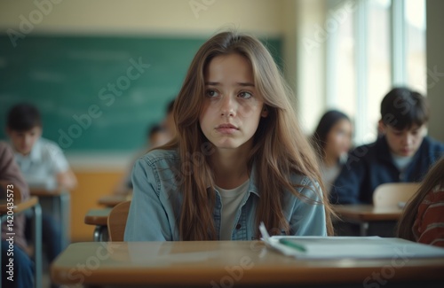 Obraz na płótnie Worried teen girl sits alone in empty high school classroom lost in thought. Teenage student experiences anxiety about learning, relationships. Focus on mental health during school break time. w salonie