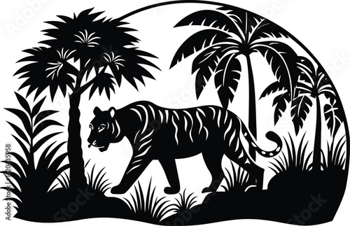 Tiger silhouette walking in a jungle at sunset