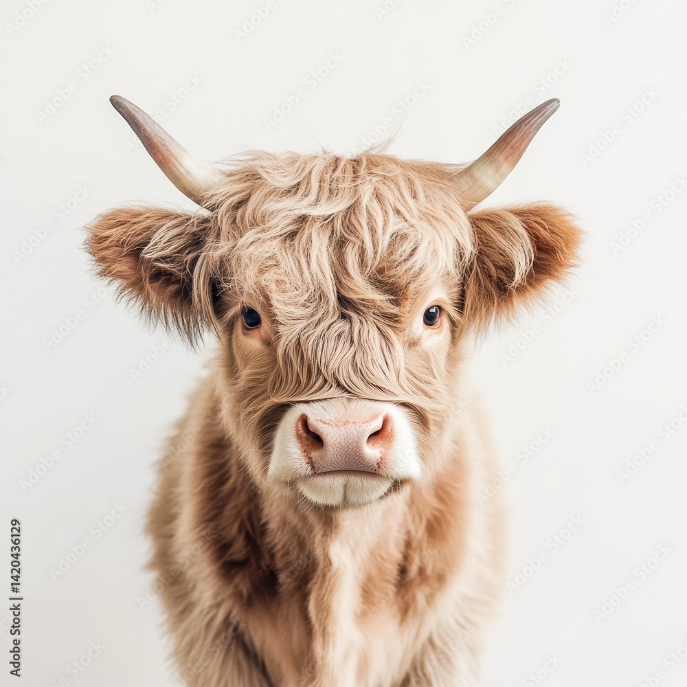 Close up portrait of a light brown highland cow with horns on white wall Close up portrait of a light brown highland cow with horns on white wall