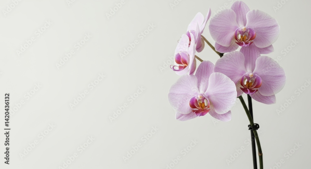 Fototapeta premium Elegant pink orchid flowers in full bloom against a soft white backdrop