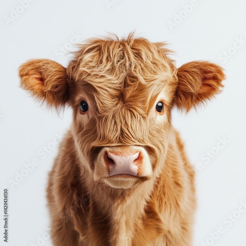 Close up portrait of a fluffy brown highland calf on a white background