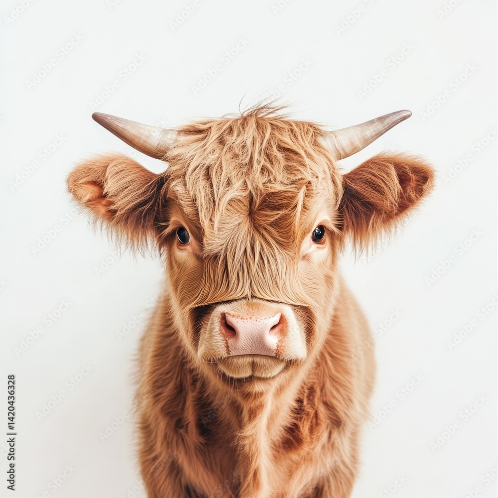 Close up portrait of a fluffy brown highland cow against white background Close up portrait of a fluffy brown highland cow against white background